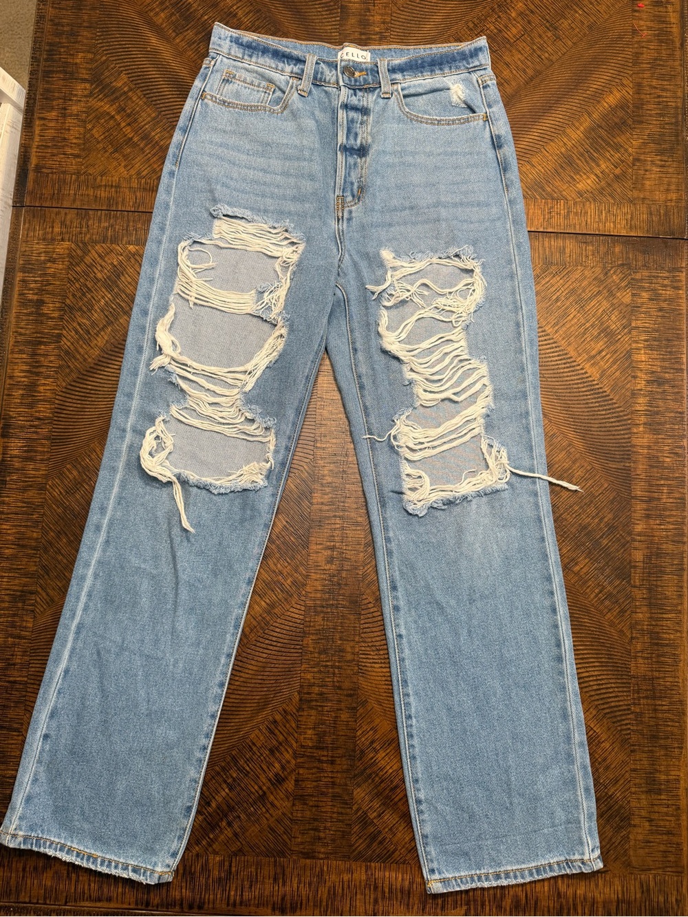 Cello Light Blue Distressed Straight-Leg Jeans